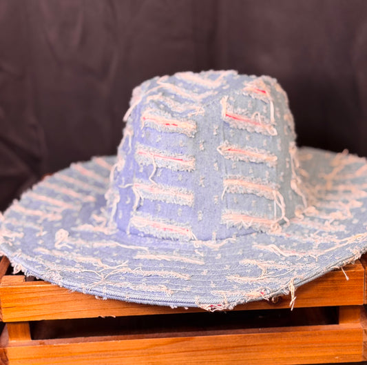 Denim Ripped and Shredded Western Hat