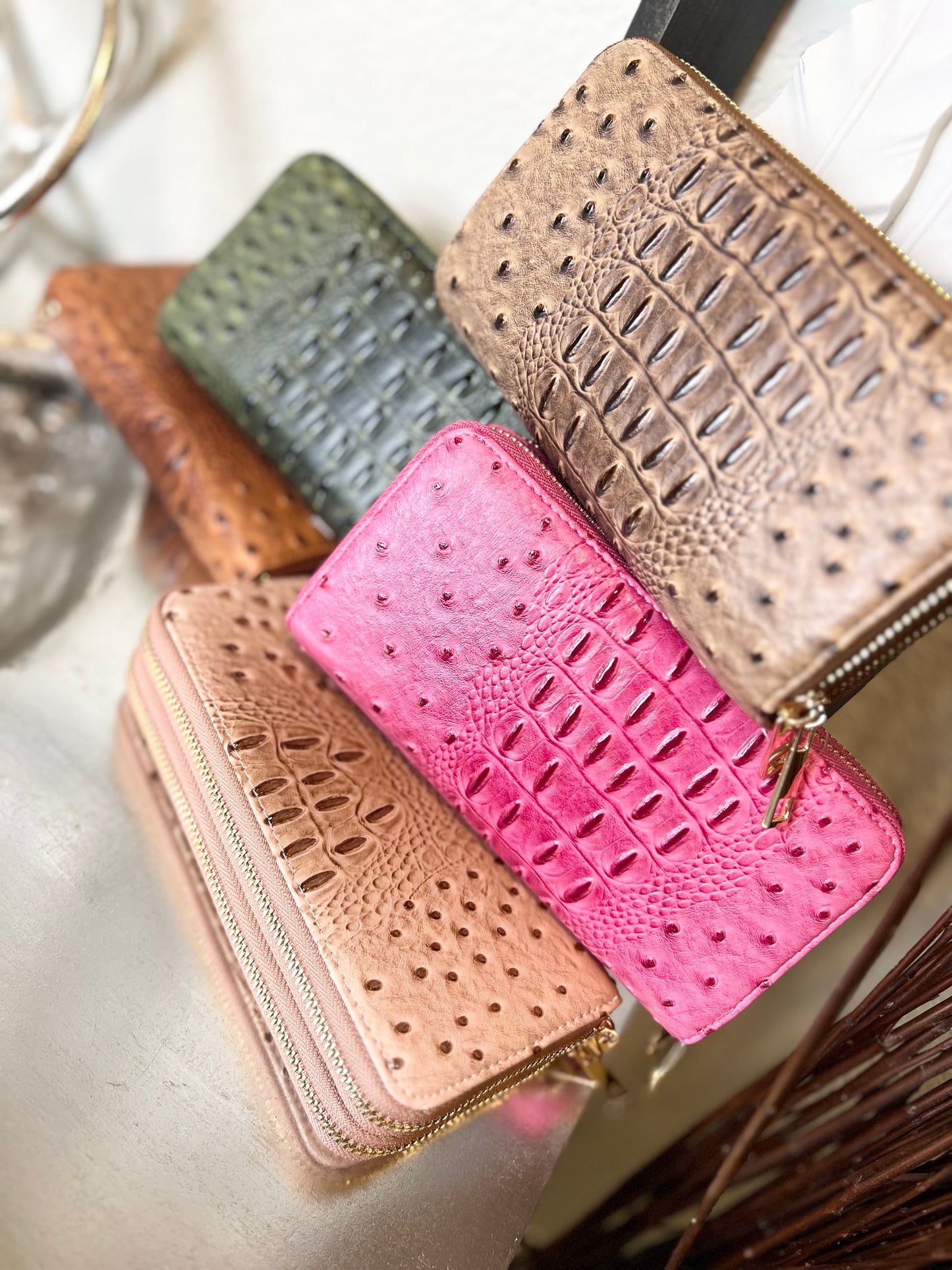CROC PRINT DOUBLE ZIPPER WRISTLET WALLET