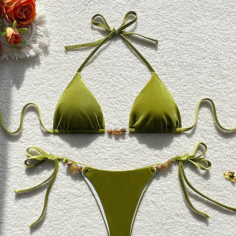OLIVE TIE BACK JEWELED SOFT BIKINI
