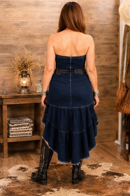 Honey Baby Dark Wash Denim Strapless Hi Low Ruffle Dress