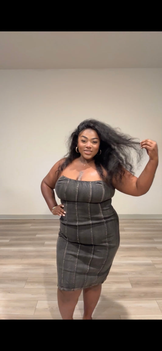 PLUS:  Bodacious Black Denim Strapless Dress