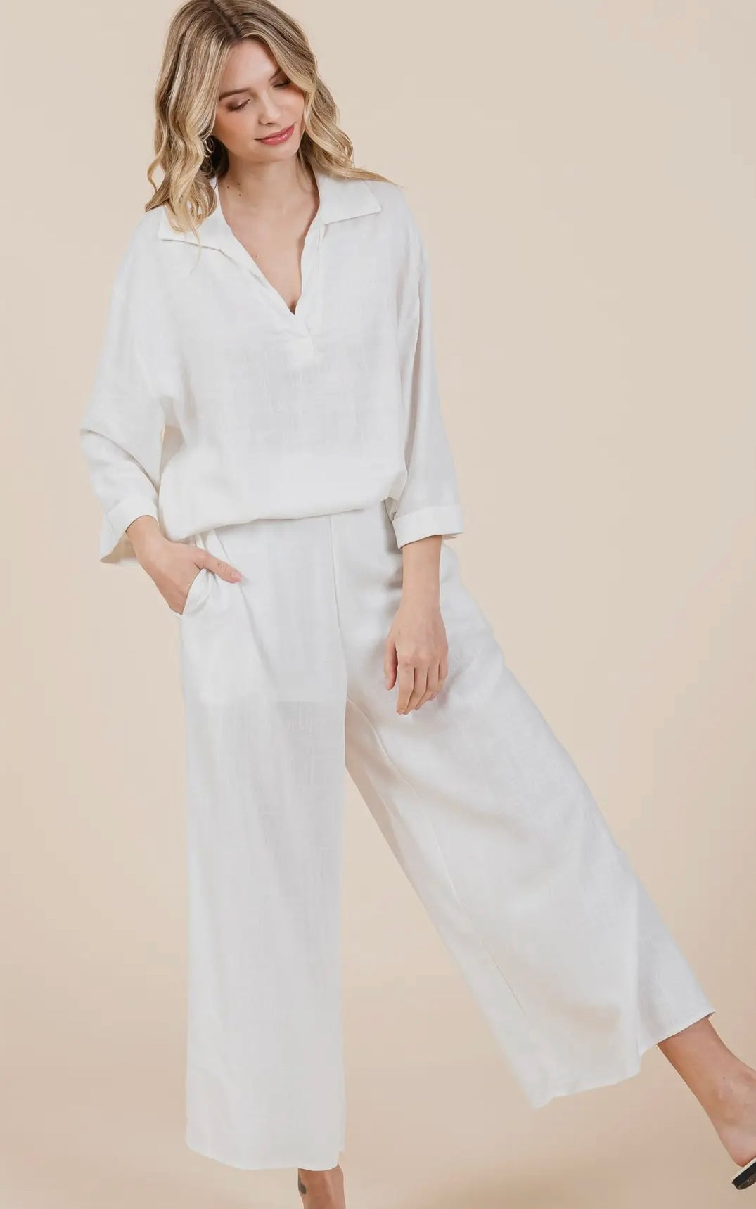 WHITE TWO-PIECE PALAZO PANTS SET-PLUS