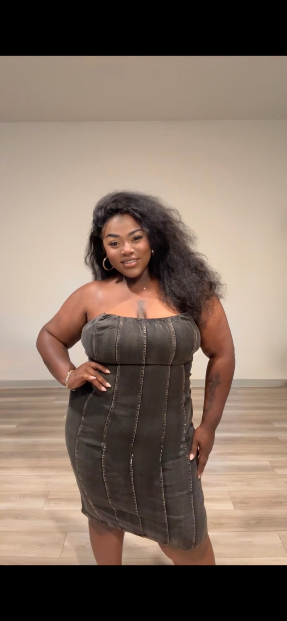 PLUS:  Bodacious Black Denim Strapless Dress