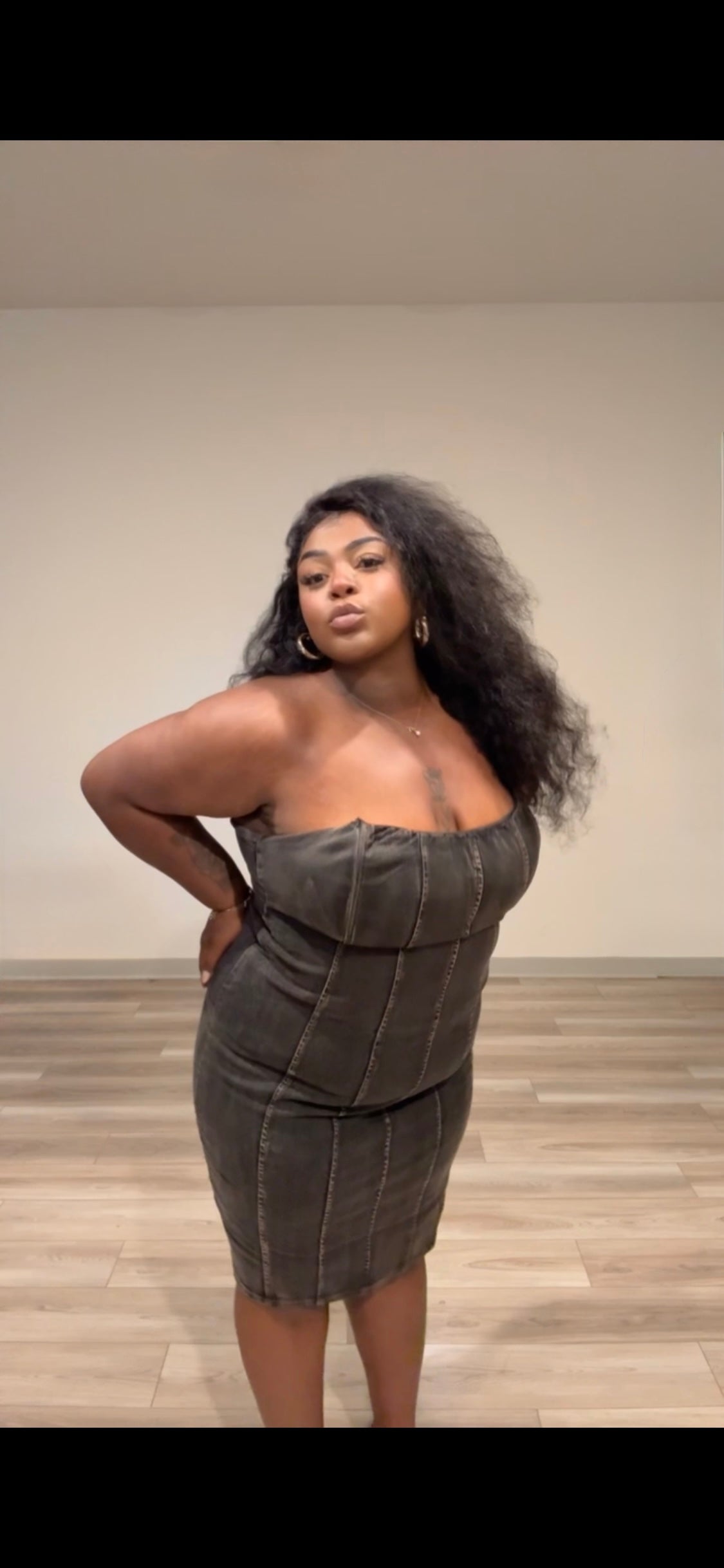 PLUS:  Bodacious Black Denim Strapless Dress