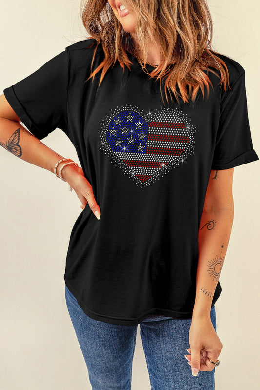 Patriotic Rhinestone Heart Round Neck Short Sleeve T-Shirt P