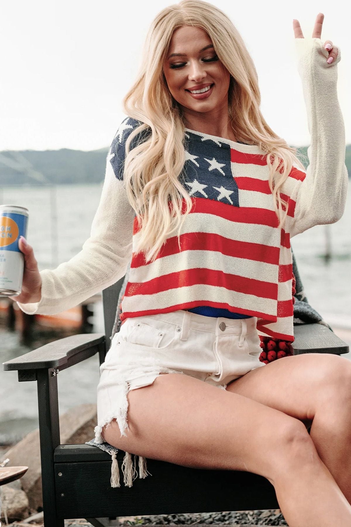 Patriotic Perfee US Flag Boat Neck Long Sleeve Knit Top