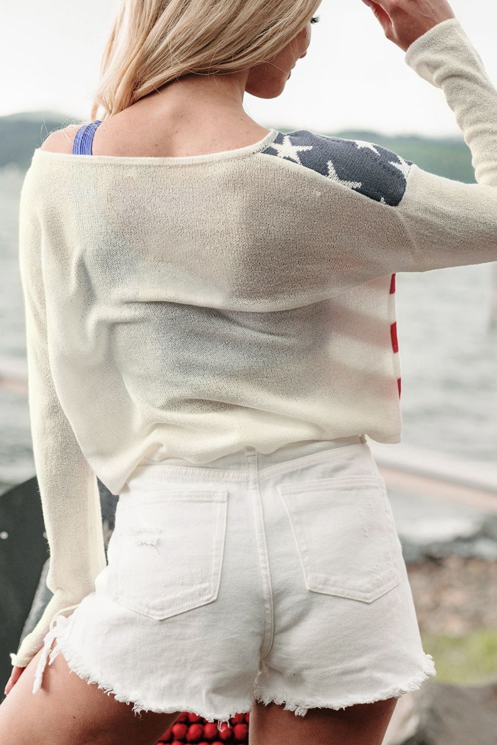 Patriotic Perfee US Flag Boat Neck Long Sleeve Knit Top